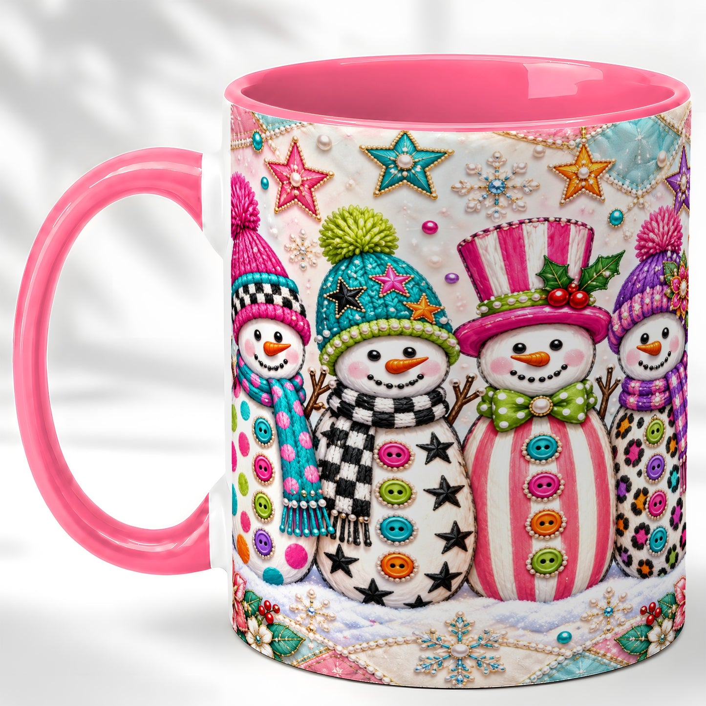#pl[11oz|Pink] Patchwork Snowman Coffee Mug, Colorful Christmas Snowman Mug, Ceramic Cup