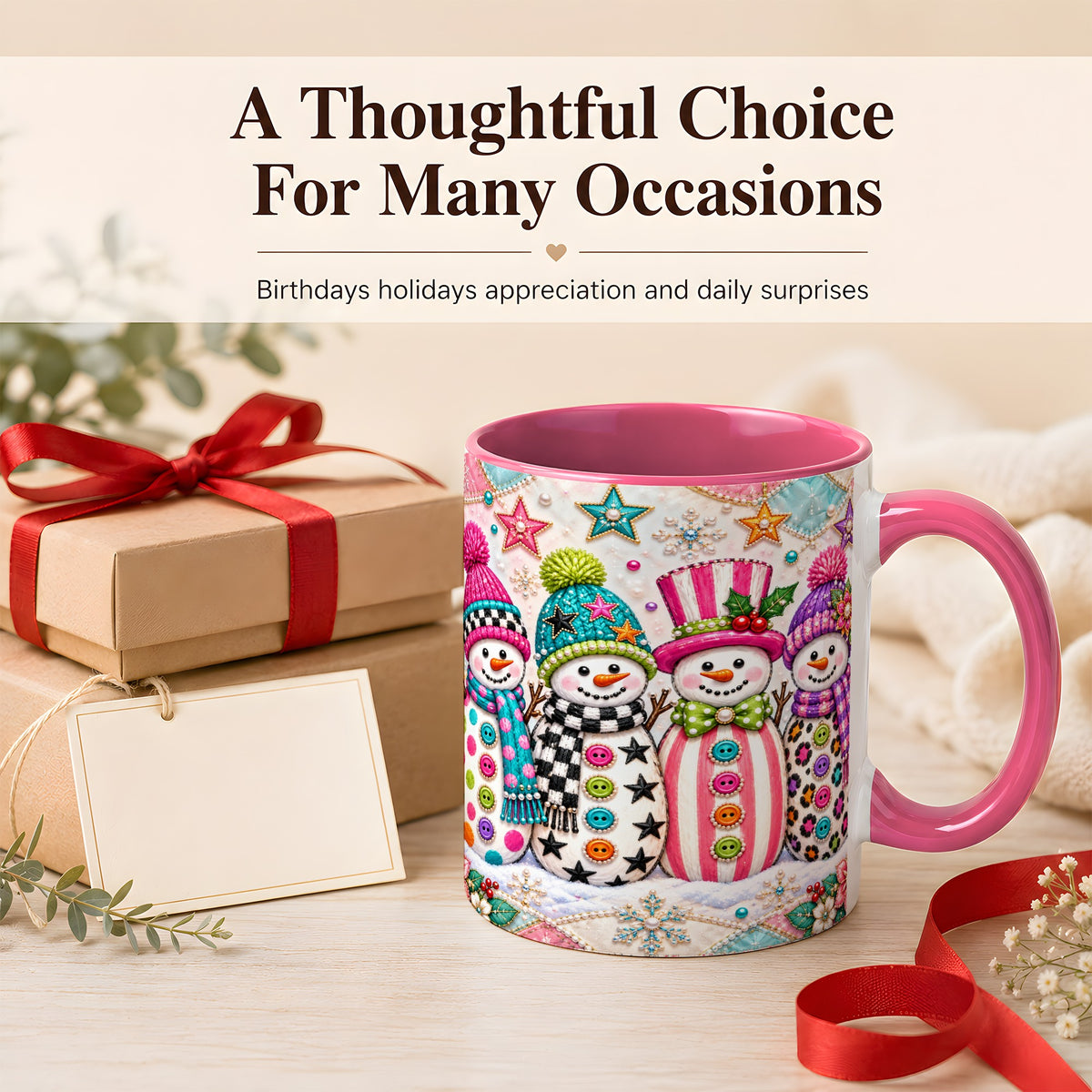 #pl[11oz|Pink] Patchwork Snowman Coffee Mug, Colorful Christmas Snowman Mug, Ceramic Cup