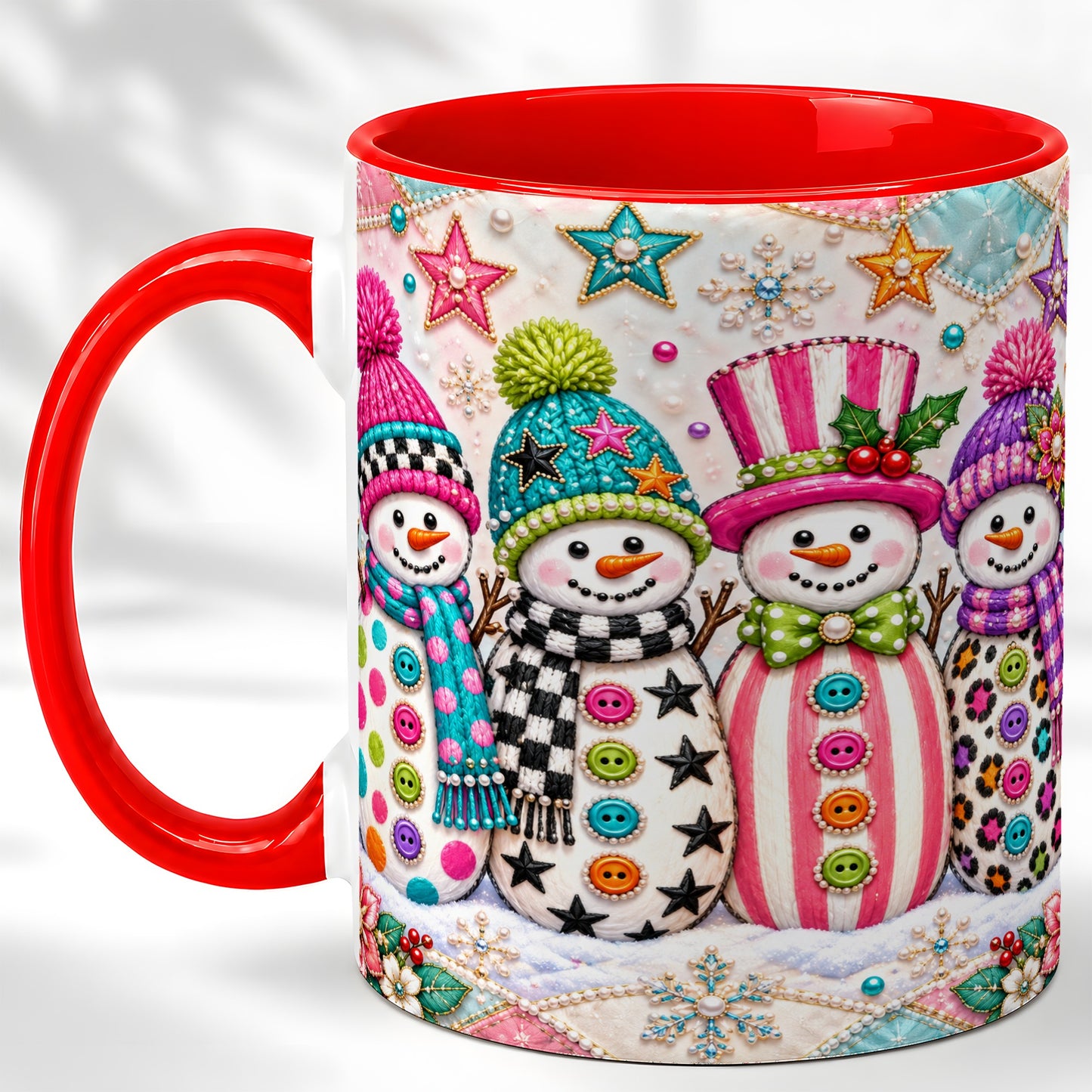 Patchwork Snowman Coffee Mug, Colorful Christmas Snowman Mug, Ceramic Cup