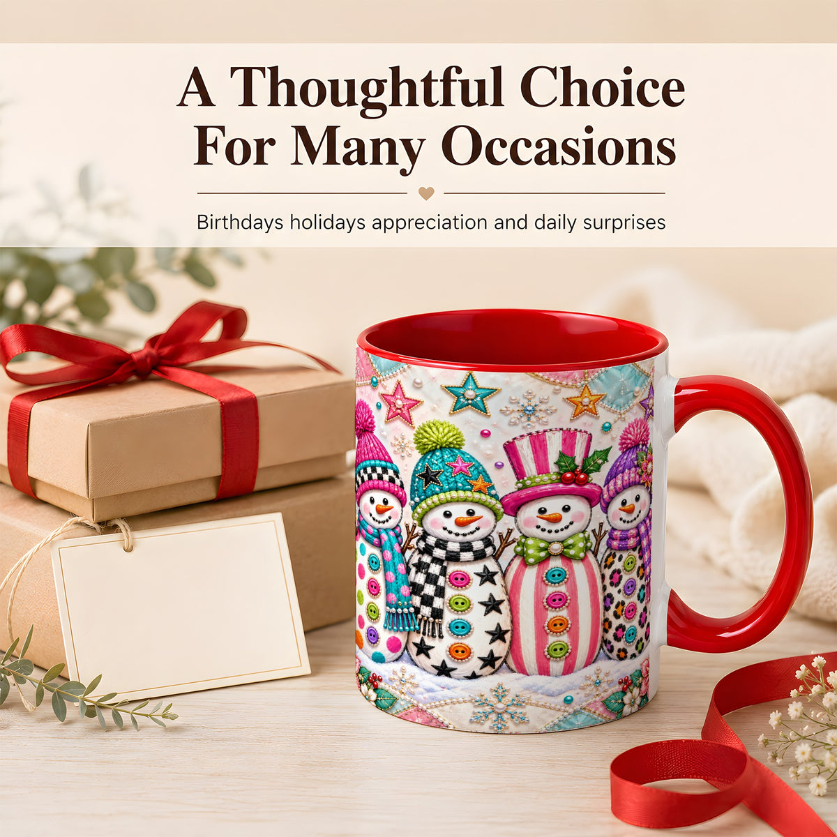 #pl[11oz|Red] Patchwork Snowman Coffee Mug, Colorful Christmas Snowman Mug, Ceramic Cup