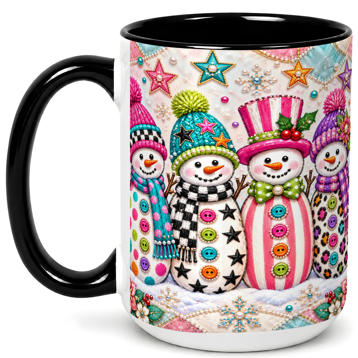 #pl[15oz|Black] Patchwork Snowman Coffee Mug, Colorful Christmas Snowman Mug, Ceramic Cup