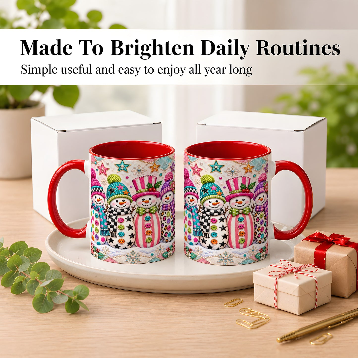 #pl[11oz|Red] Patchwork Snowman Coffee Mug, Colorful Christmas Snowman Mug, Ceramic Cup