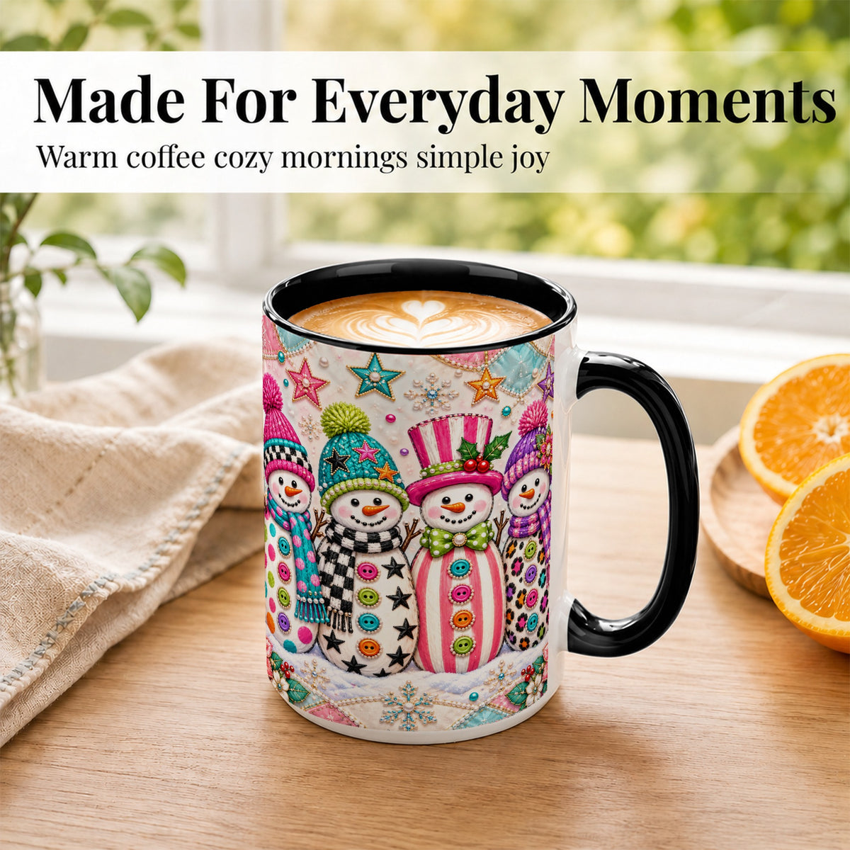 #pl[15oz|Black] Patchwork Snowman Coffee Mug, Colorful Christmas Snowman Mug, Ceramic Cup