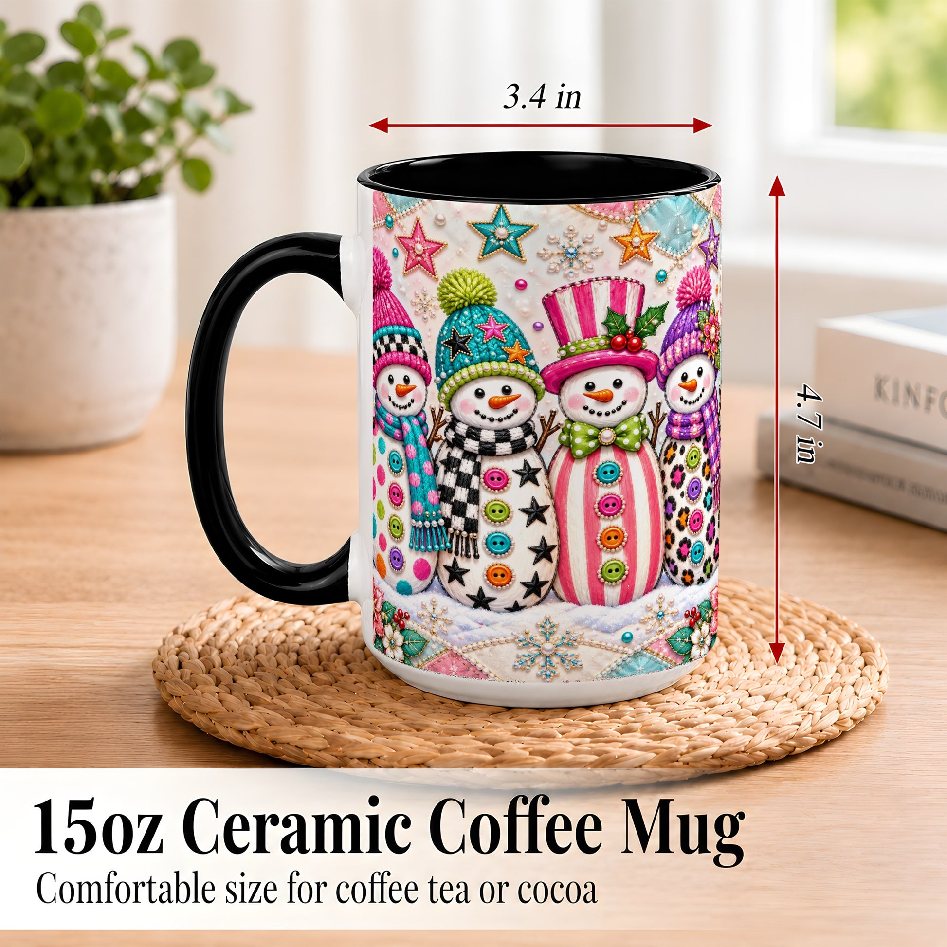 #pl[15oz|Black] Patchwork Snowman Coffee Mug, Colorful Christmas Snowman Mug, Ceramic Cup