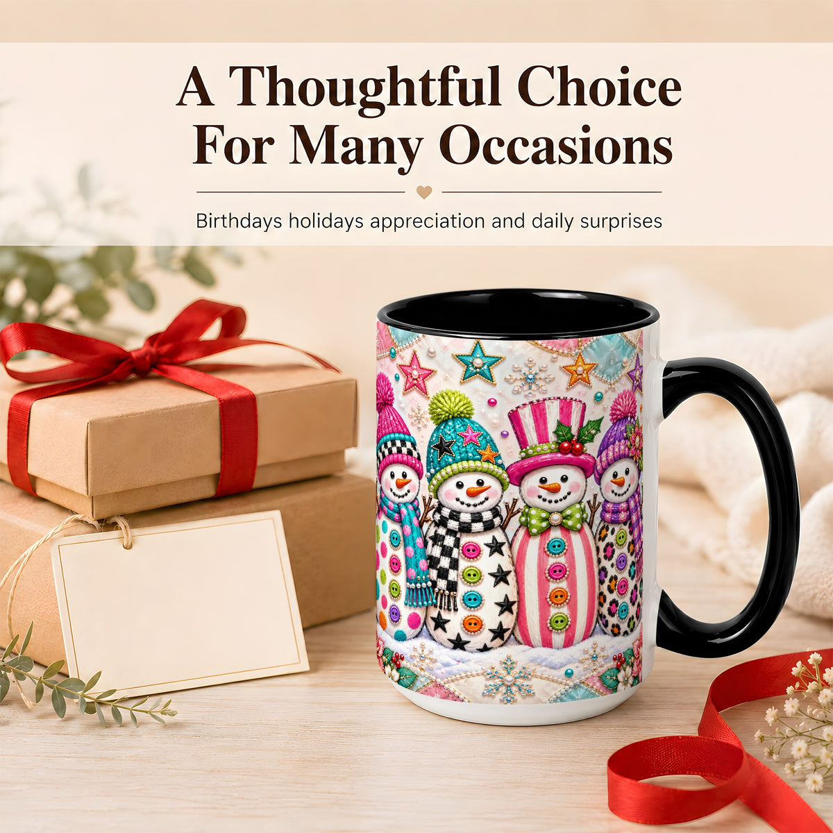 #pl[15oz|Black] Patchwork Snowman Coffee Mug, Colorful Christmas Snowman Mug, Ceramic Cup