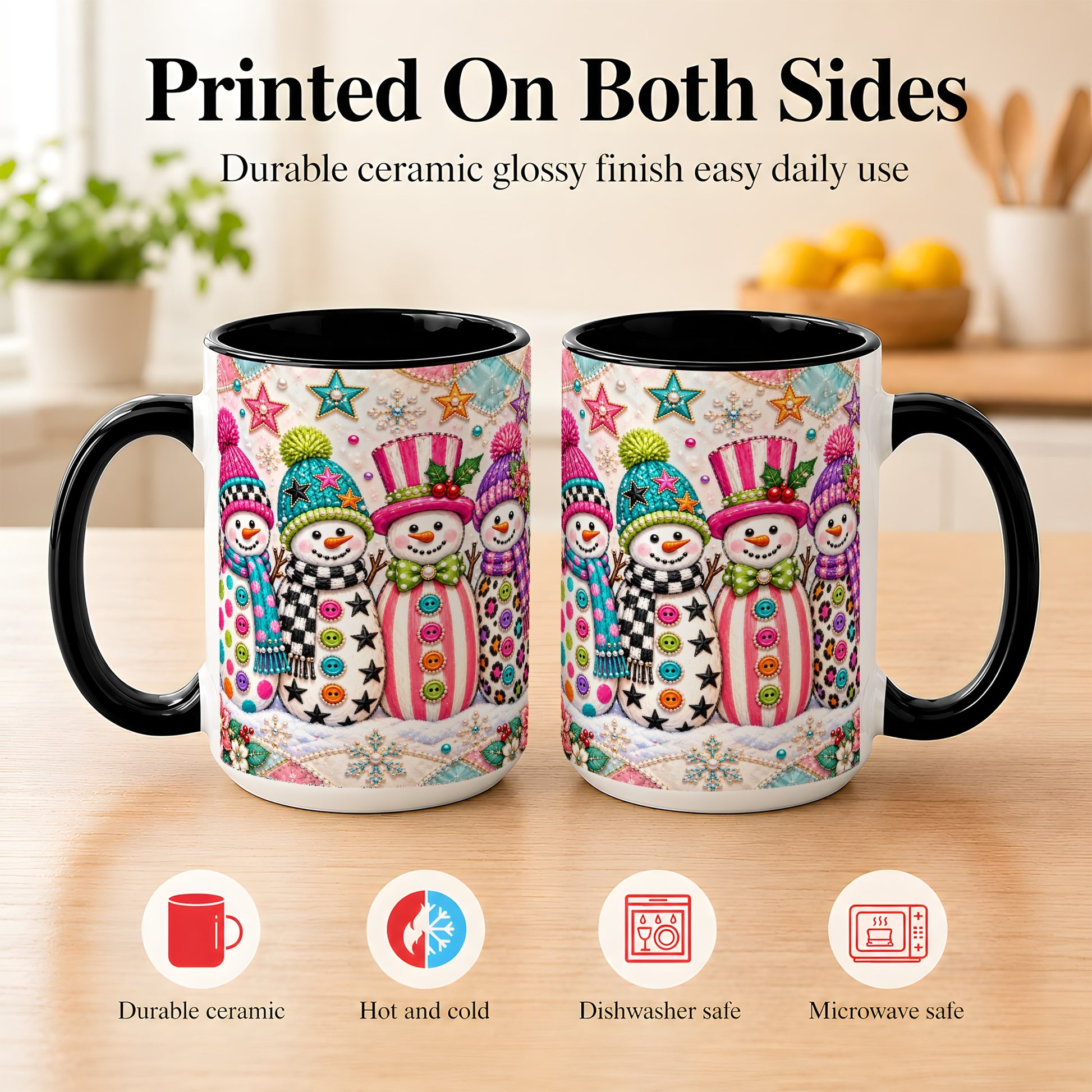 #pl[15oz|Black] Patchwork Snowman Coffee Mug, Colorful Christmas Snowman Mug, Ceramic Cup