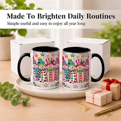 #pl[15oz|Black] Patchwork Snowman Coffee Mug, Colorful Christmas Snowman Mug, Ceramic Cup