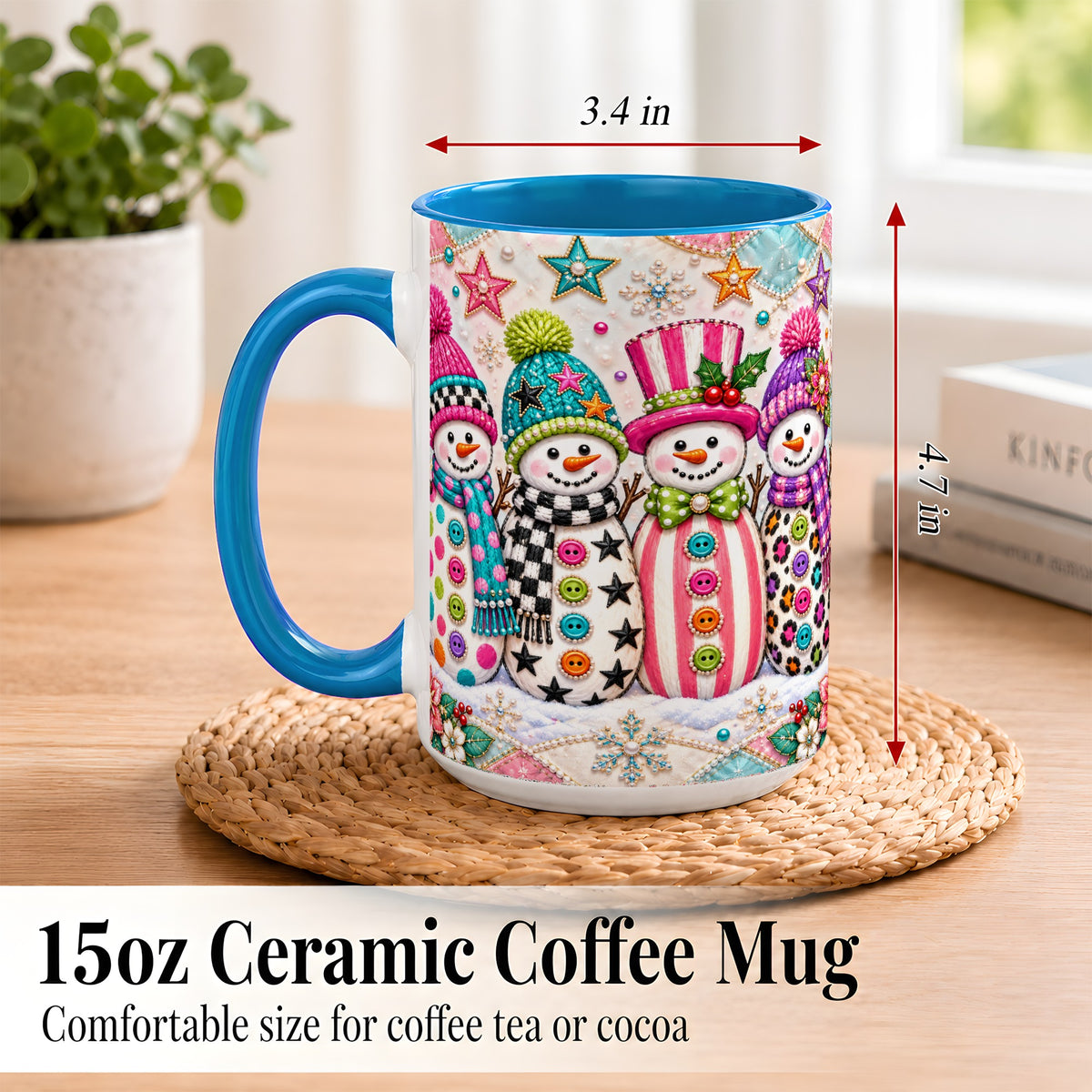 #pl[15oz|Blue] Patchwork Snowman Coffee Mug, Colorful Christmas Snowman Mug, Ceramic Cup