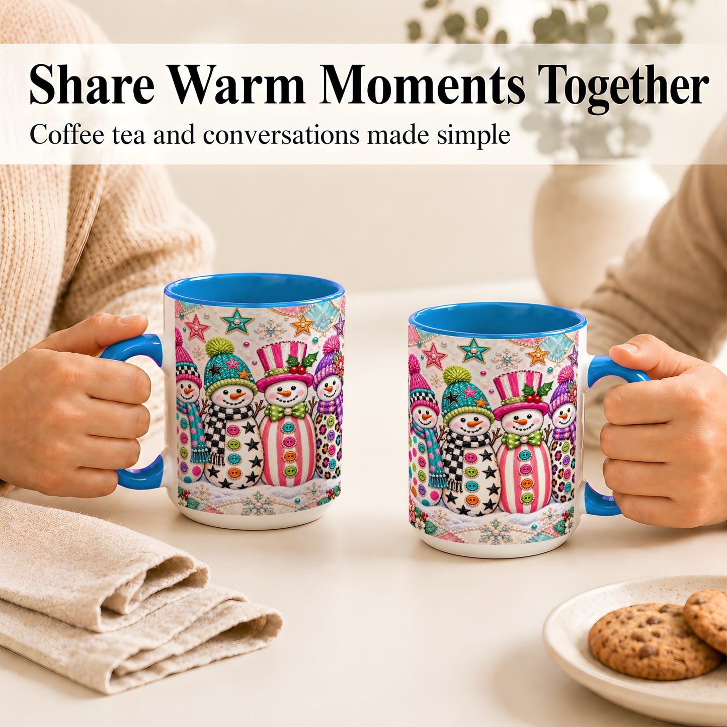 #pl[15oz|Blue] Patchwork Snowman Coffee Mug, Colorful Christmas Snowman Mug, Ceramic Cup