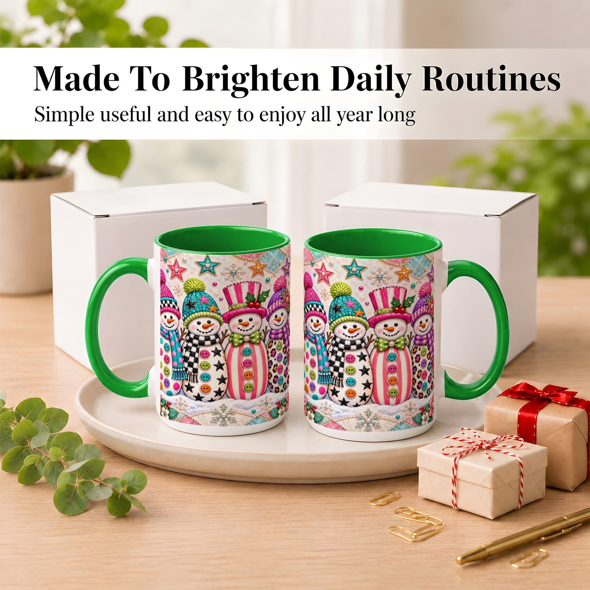 #pl[15oz|Green] Patchwork Snowman Coffee Mug, Colorful Christmas Snowman Mug, Ceramic Cup