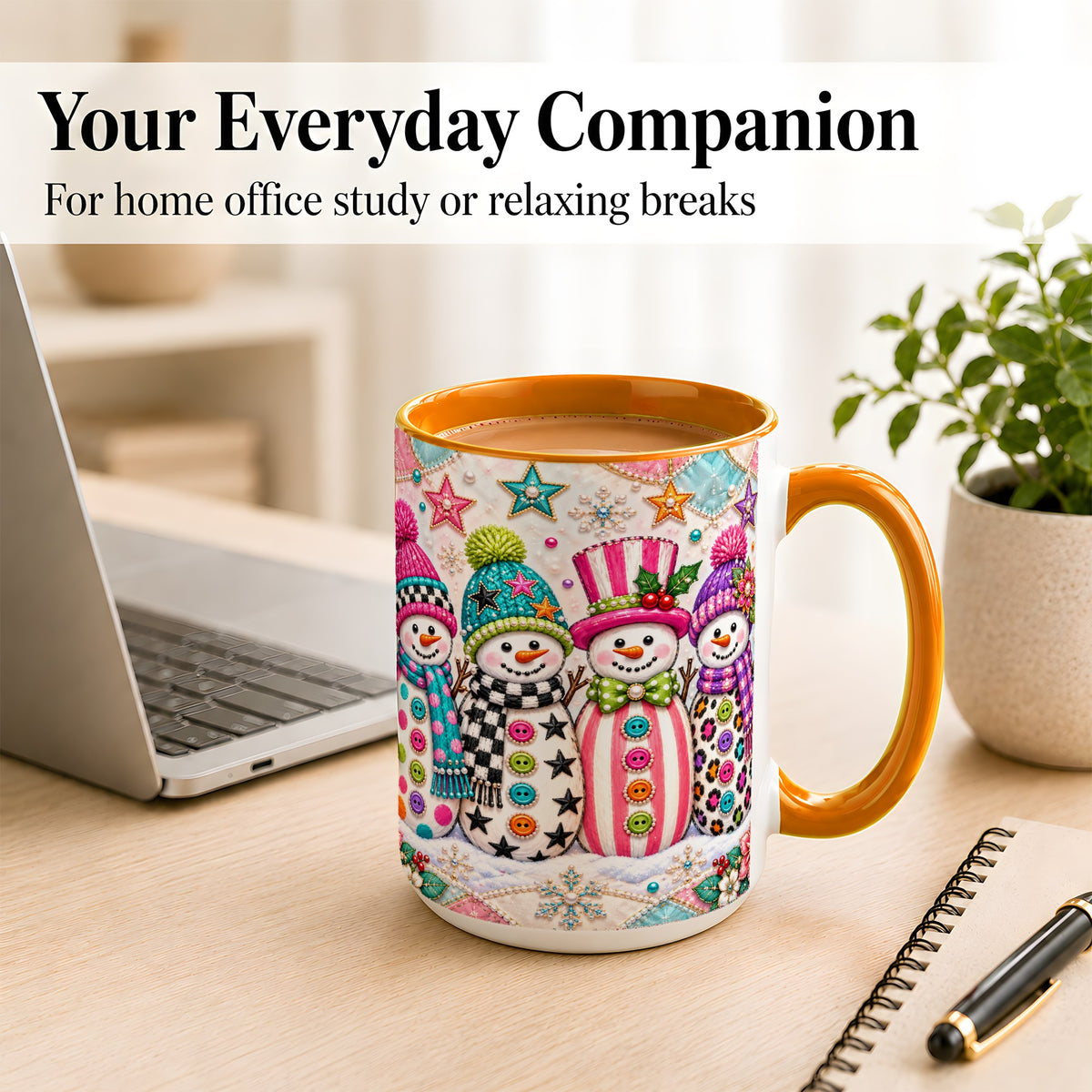 #pl[15oz|Orange] Patchwork Snowman Coffee Mug, Colorful Christmas Snowman Mug, Ceramic Cup