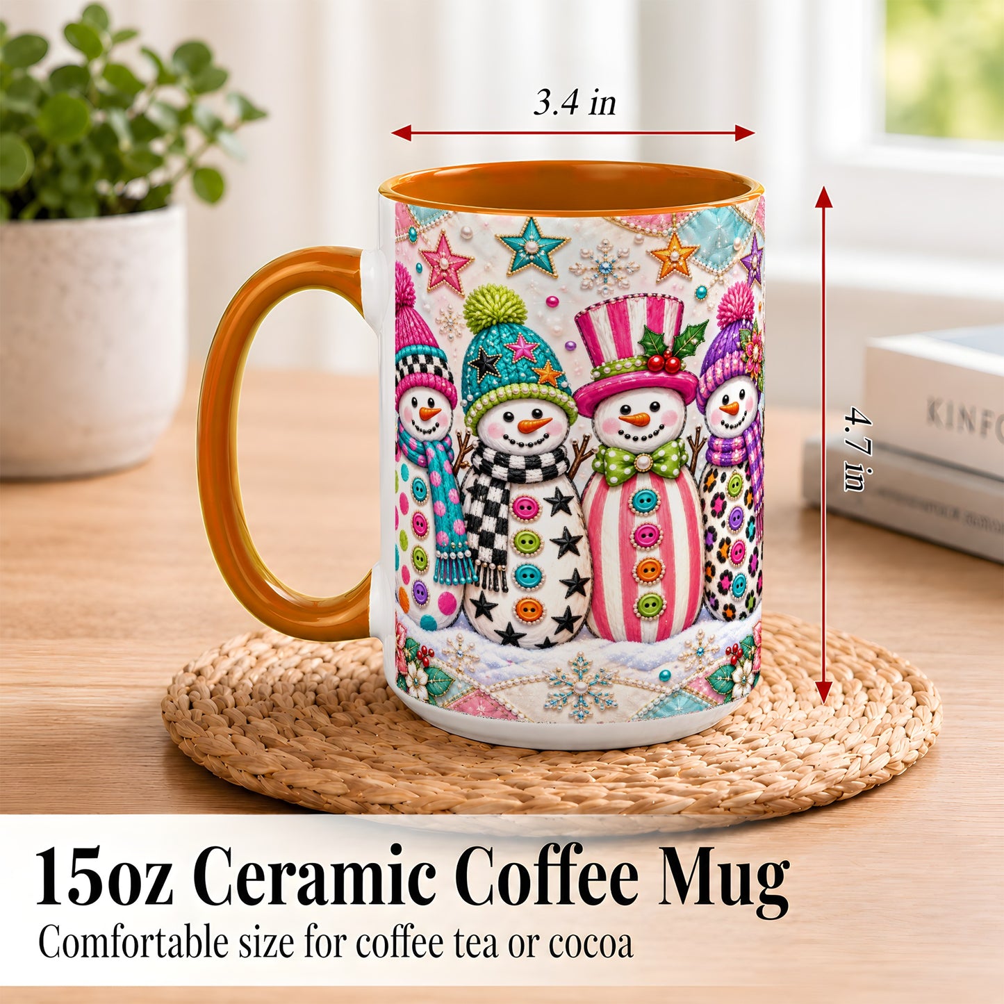 #pl[15oz|Orange] Patchwork Snowman Coffee Mug, Colorful Christmas Snowman Mug, Ceramic Cup