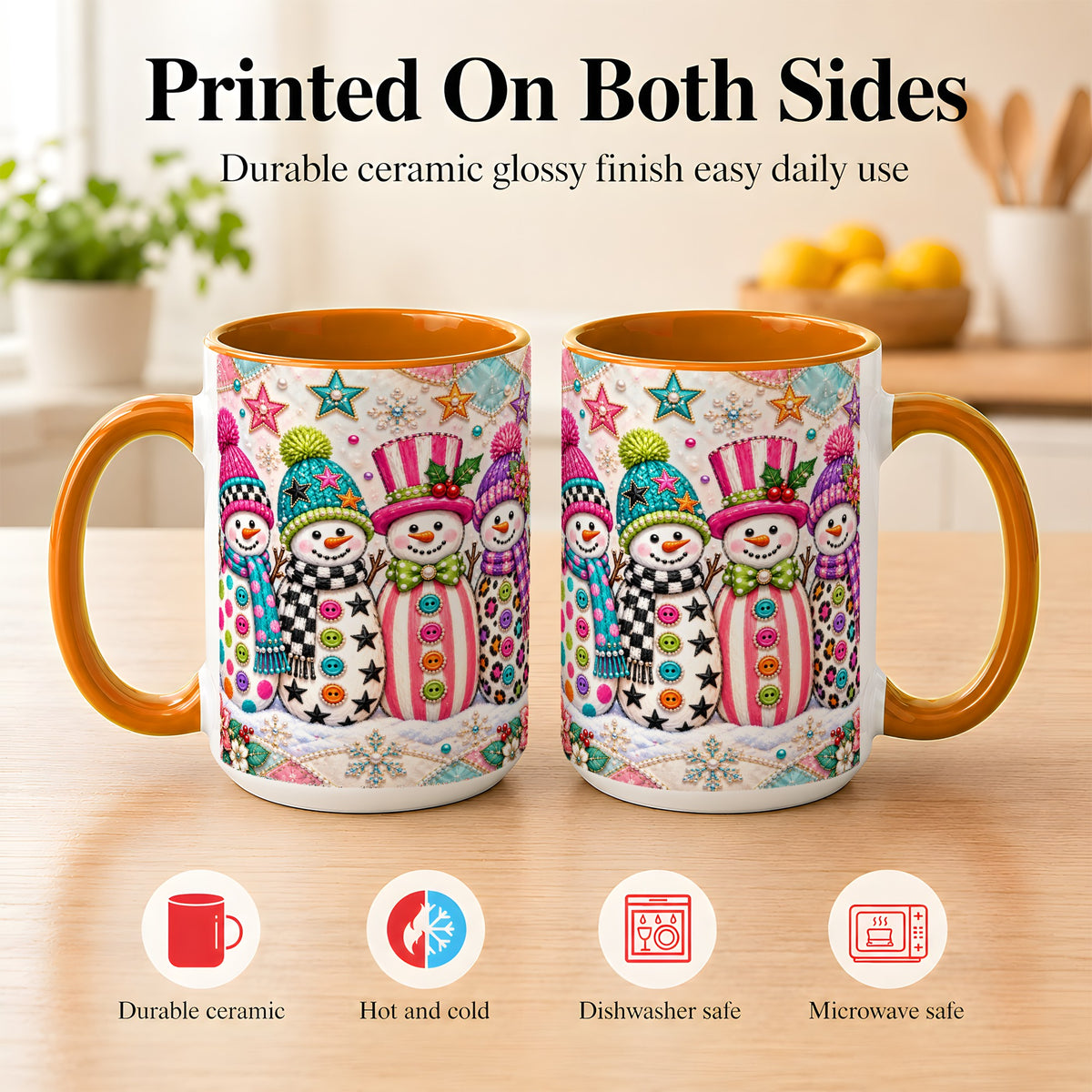 #pl[15oz|Orange] Patchwork Snowman Coffee Mug, Colorful Christmas Snowman Mug, Ceramic Cup