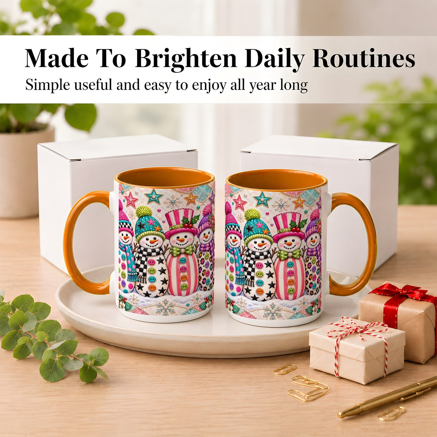 #pl[15oz|Orange] Patchwork Snowman Coffee Mug, Colorful Christmas Snowman Mug, Ceramic Cup