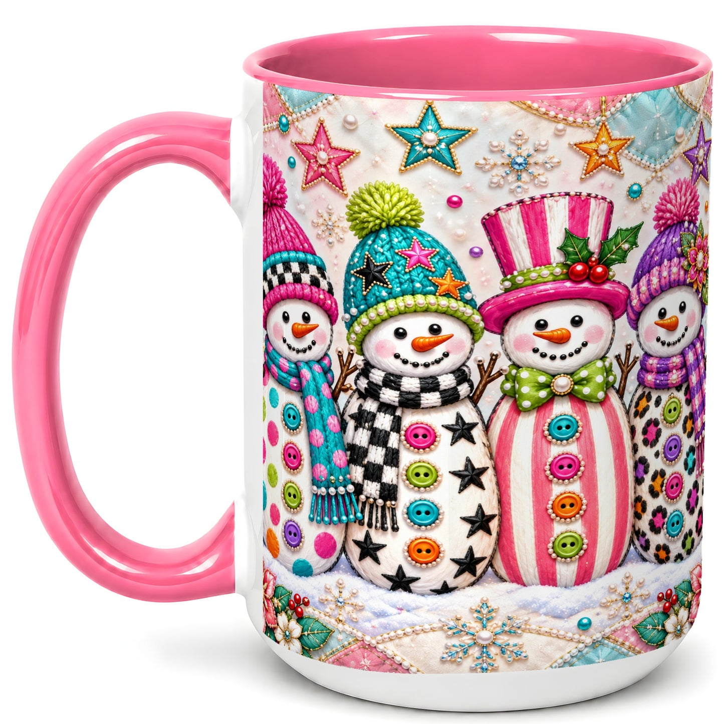 #pl[15oz|Pink] Patchwork Snowman Coffee Mug, Colorful Christmas Snowman Mug, Ceramic Cup