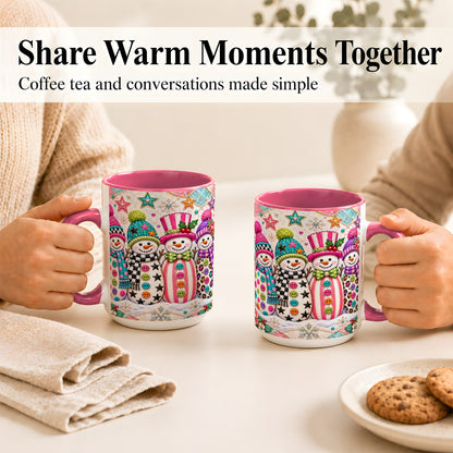 #pl[15oz|Pink] Patchwork Snowman Coffee Mug, Colorful Christmas Snowman Mug, Ceramic Cup