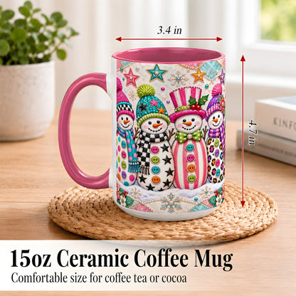 #pl[15oz|Pink] Patchwork Snowman Coffee Mug, Colorful Christmas Snowman Mug, Ceramic Cup