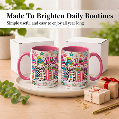 #pl[15oz|Pink] Patchwork Snowman Coffee Mug, Colorful Christmas Snowman Mug, Ceramic Cup