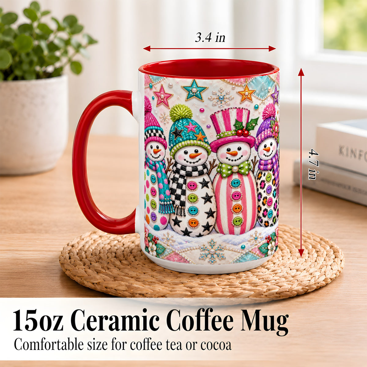 #pl[15oz|Red] Patchwork Snowman Coffee Mug, Colorful Christmas Snowman Mug, Ceramic Cup