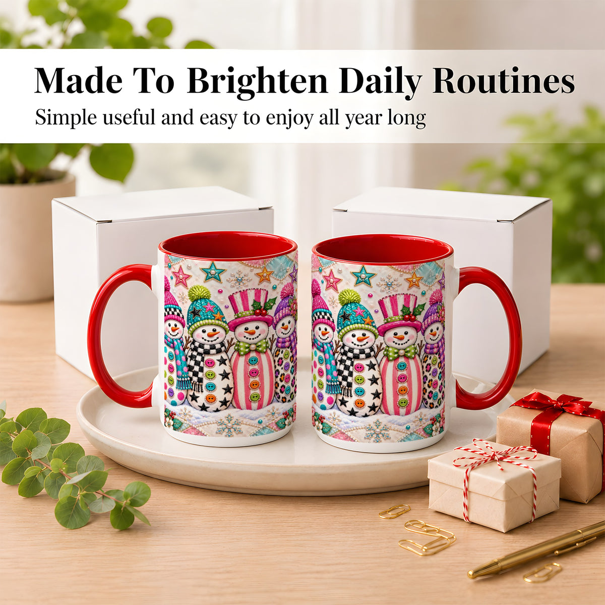 #pl[15oz|Red] Patchwork Snowman Coffee Mug, Colorful Christmas Snowman Mug, Ceramic Cup