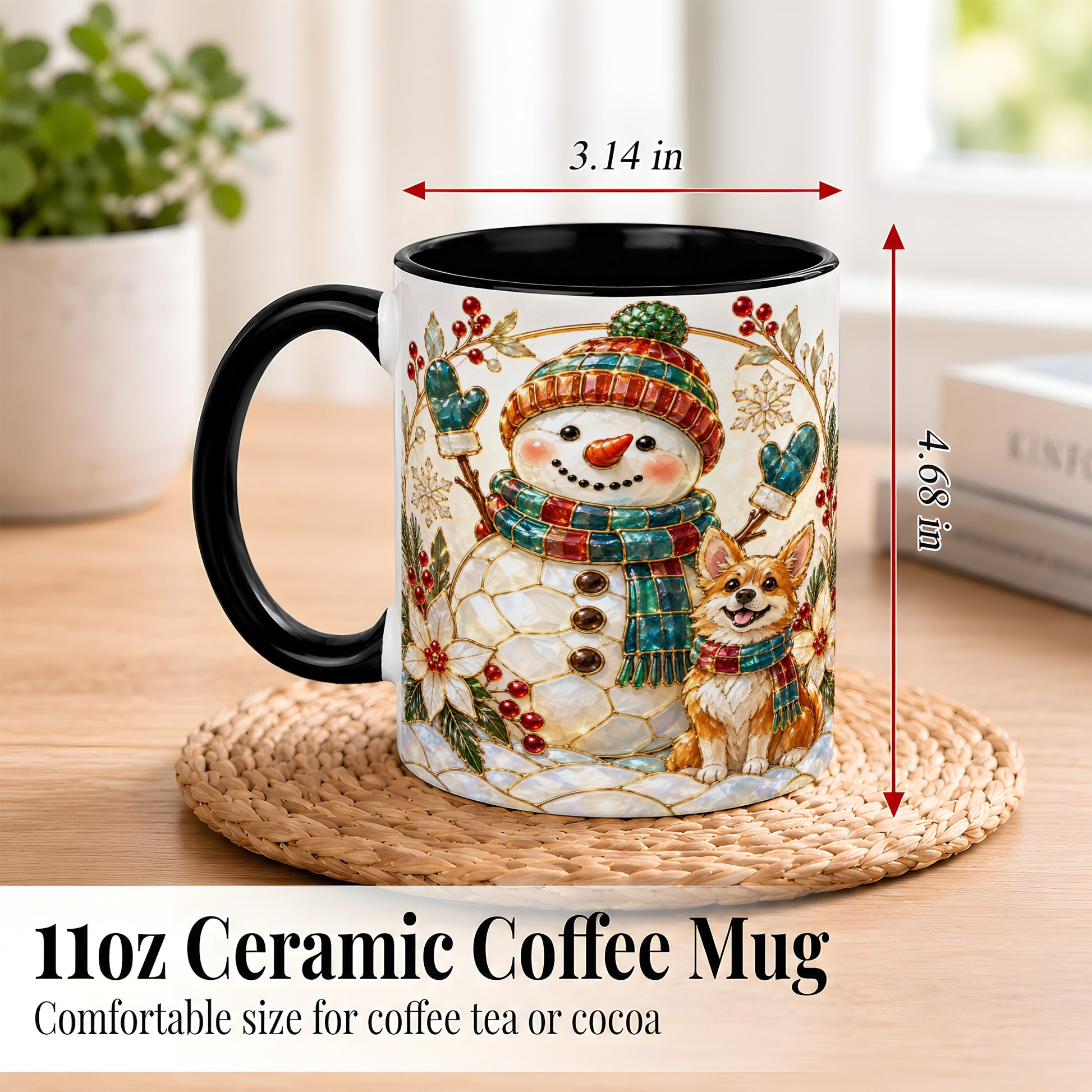 #pl[11oz|Black] Snowman and Corgi Coffee Mug, Christmas Snowman Mug, Ceramic Cup