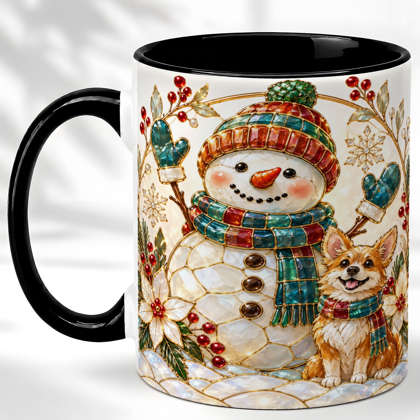 #pl[11oz|Black] Snowman and Corgi Coffee Mug, Christmas Snowman Mug, Ceramic Cup