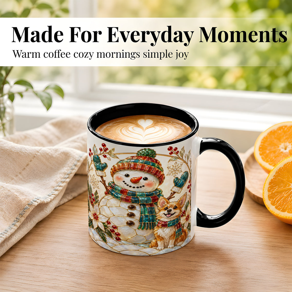 #pl[11oz|Black] Snowman and Corgi Coffee Mug, Christmas Snowman Mug, Ceramic Cup