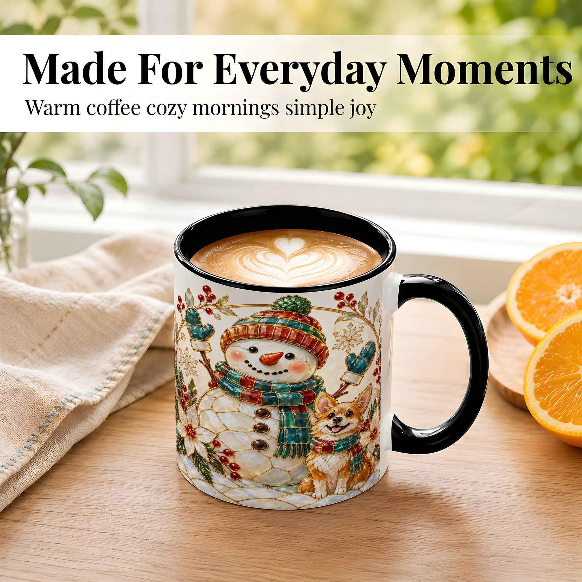 #pl[11oz|Black] Snowman and Corgi Coffee Mug, Christmas Snowman Mug, Ceramic Cup