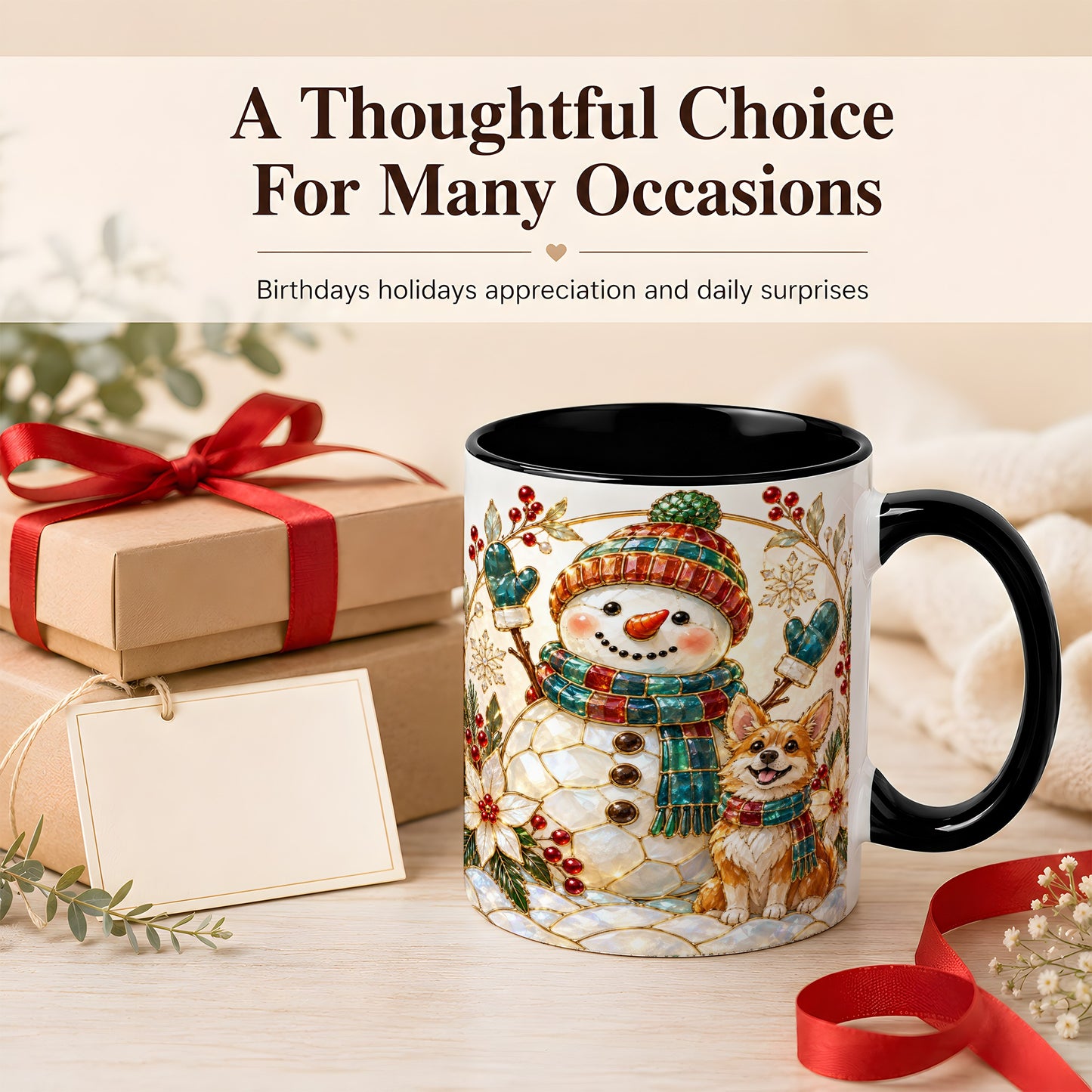 #pl[11oz|Black] Snowman and Corgi Coffee Mug, Christmas Snowman Mug, Ceramic Cup