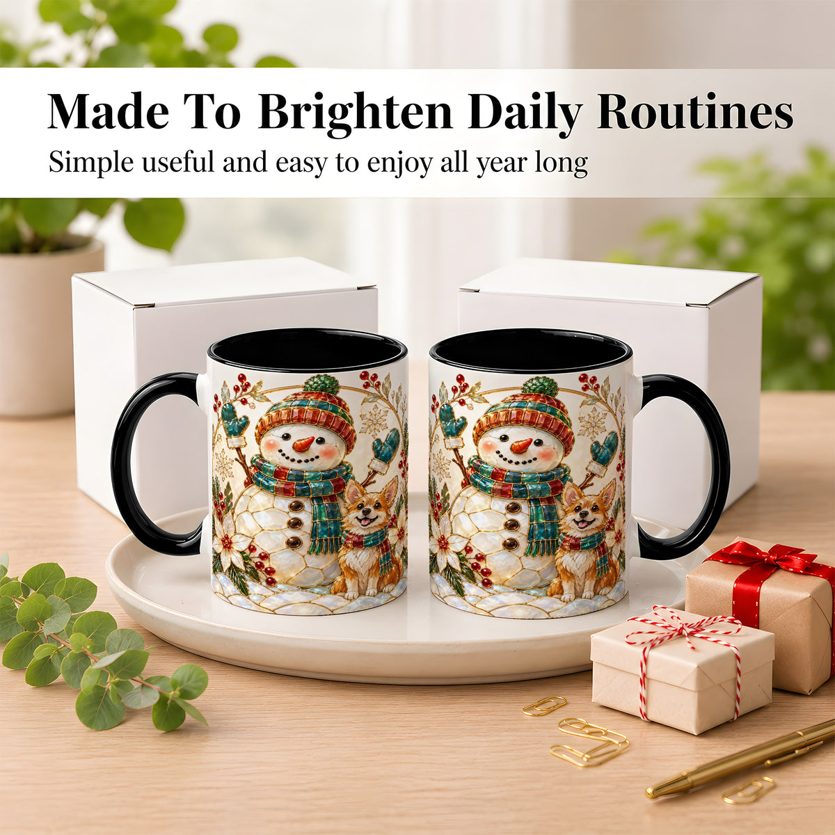 #pl[11oz|Black] Snowman and Corgi Coffee Mug, Christmas Snowman Mug, Ceramic Cup