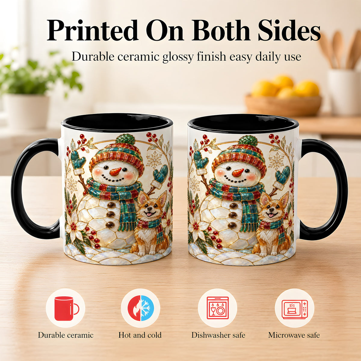 #pl[11oz|Black] Snowman and Corgi Coffee Mug, Christmas Snowman Mug, Ceramic Cup