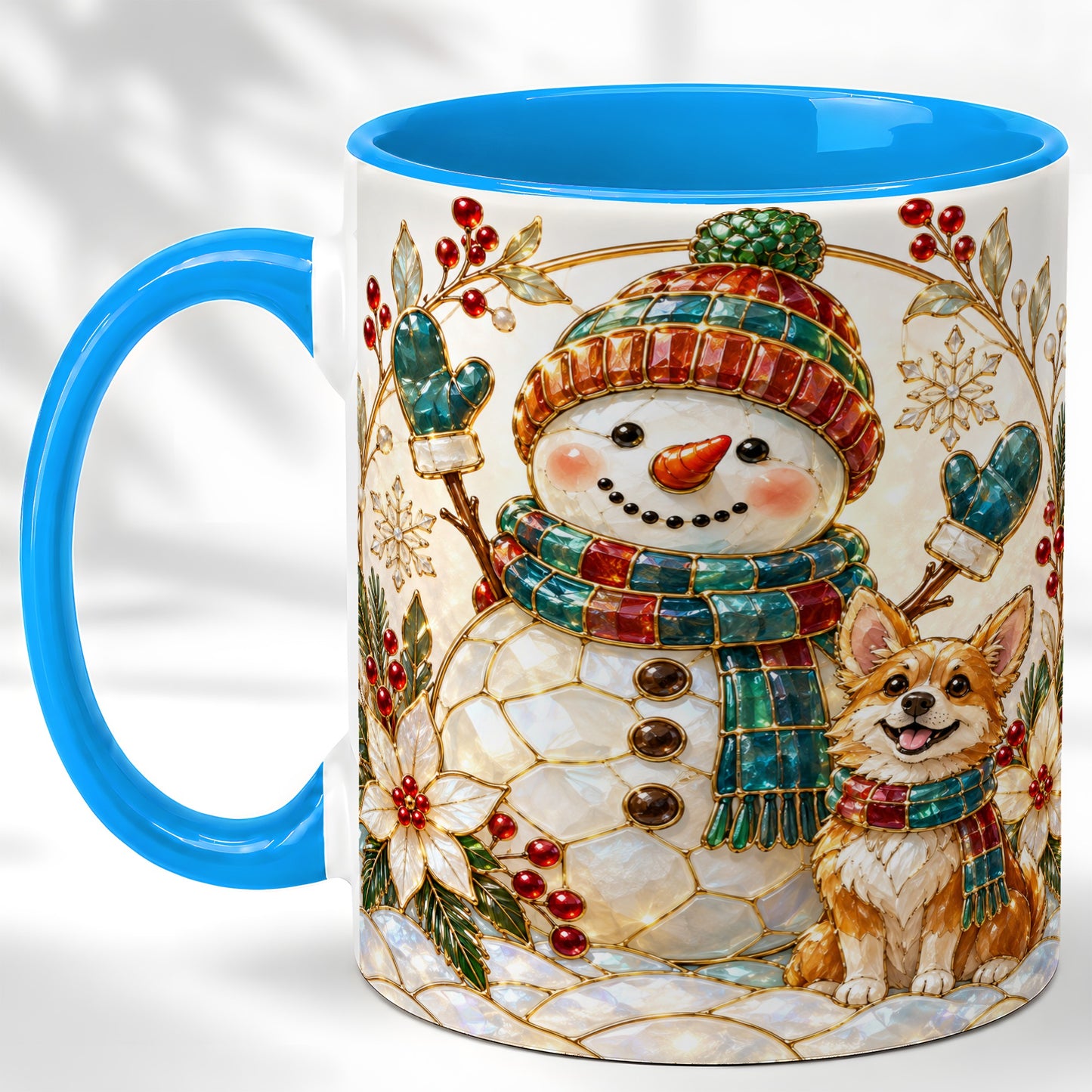 #pl[11oz|Blue] Snowman and Corgi Coffee Mug, Christmas Snowman Mug, Ceramic Cup