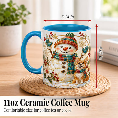#pl[11oz|Blue] Snowman and Corgi Coffee Mug, Christmas Snowman Mug, Ceramic Cup