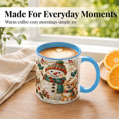 #pl[11oz|Blue] Snowman and Corgi Coffee Mug, Christmas Snowman Mug, Ceramic Cup