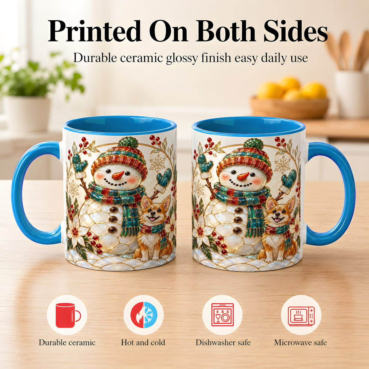 #pl[11oz|Blue] Snowman and Corgi Coffee Mug, Christmas Snowman Mug, Ceramic Cup