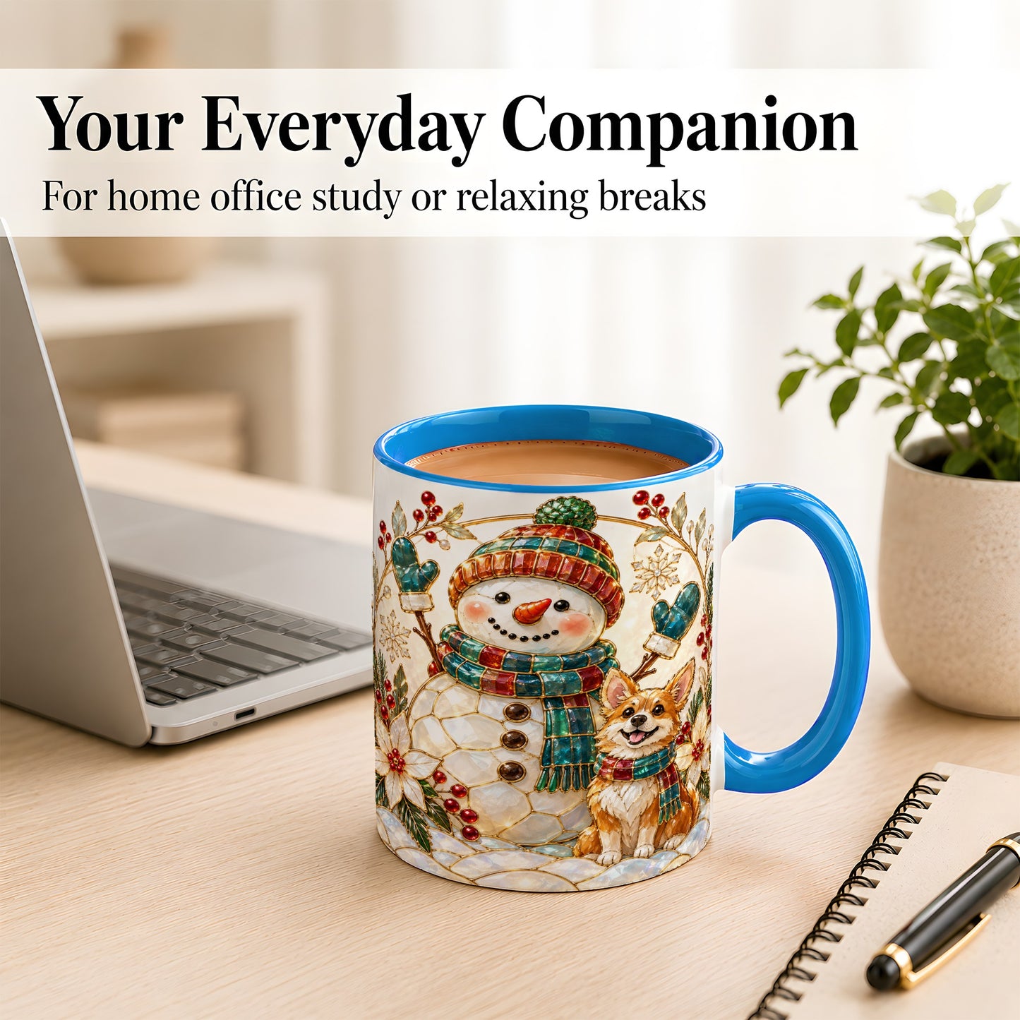#pl[11oz|Blue] Snowman and Corgi Coffee Mug, Christmas Snowman Mug, Ceramic Cup