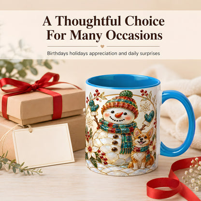 #pl[11oz|Blue] Snowman and Corgi Coffee Mug, Christmas Snowman Mug, Ceramic Cup