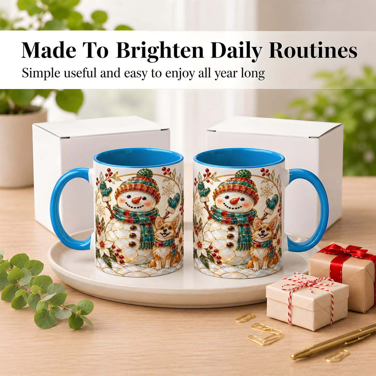#pl[11oz|Blue] Snowman and Corgi Coffee Mug, Christmas Snowman Mug, Ceramic Cup