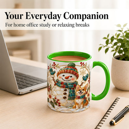 #pl[11oz|Green] Snowman and Corgi Coffee Mug, Christmas Snowman Mug, Ceramic Cup