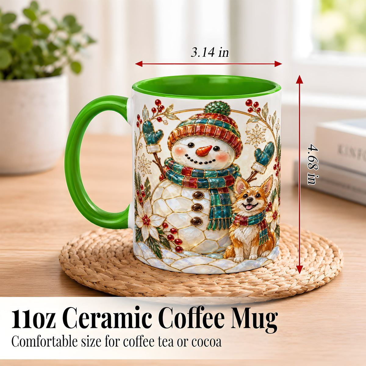 #pl[11oz|Green] Snowman and Corgi Coffee Mug, Christmas Snowman Mug, Ceramic Cup