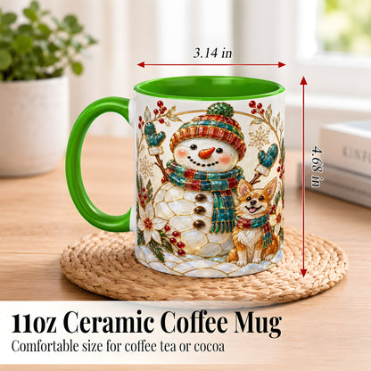 #pl[11oz|Green] Snowman and Corgi Coffee Mug, Christmas Snowman Mug, Ceramic Cup