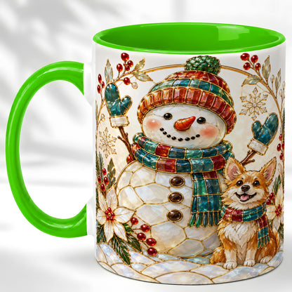 #pl[11oz|Green] Snowman and Corgi Coffee Mug, Christmas Snowman Mug, Ceramic Cup