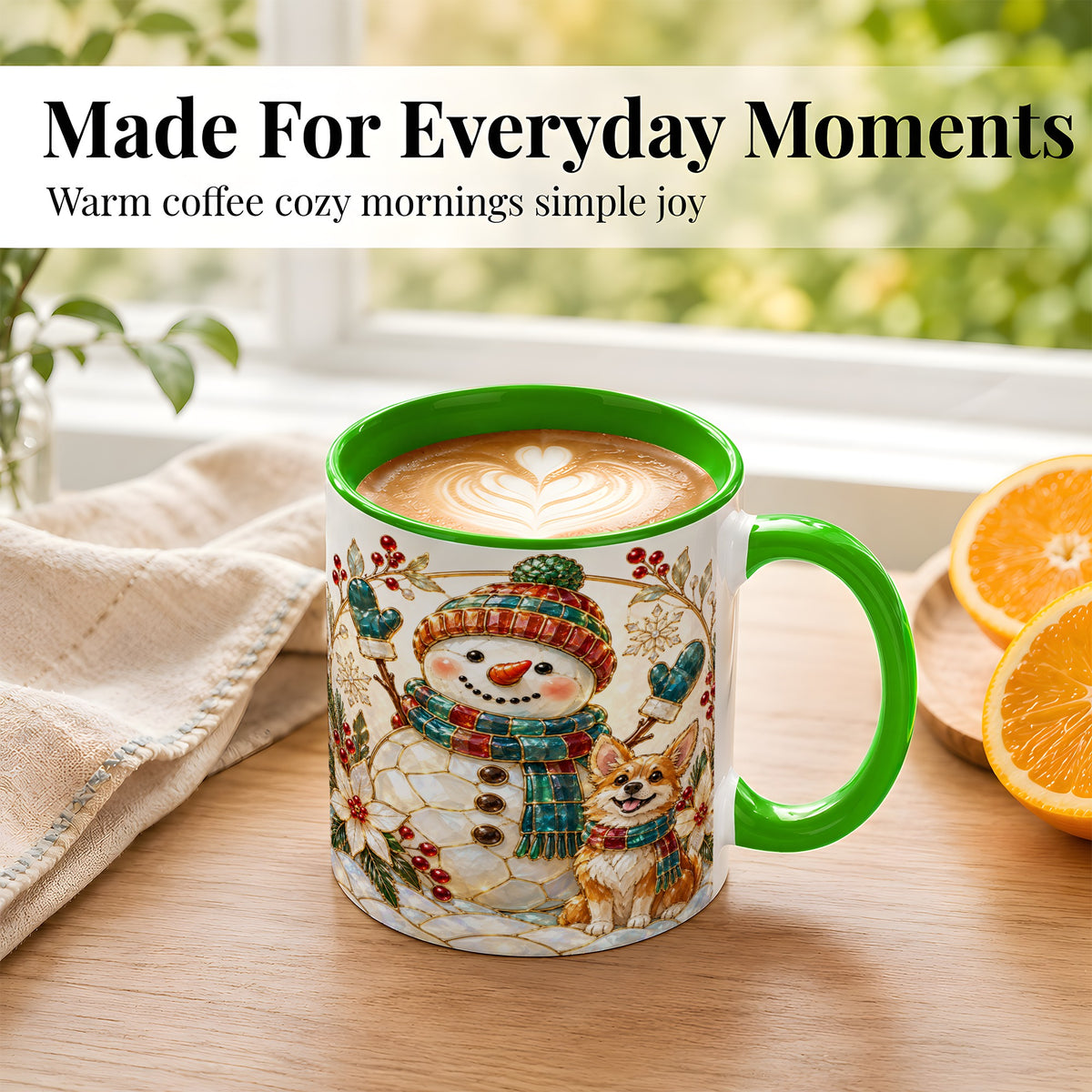 #pl[11oz|Green] Snowman and Corgi Coffee Mug, Christmas Snowman Mug, Ceramic Cup