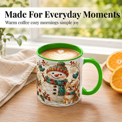 #pl[11oz|Green] Snowman and Corgi Coffee Mug, Christmas Snowman Mug, Ceramic Cup