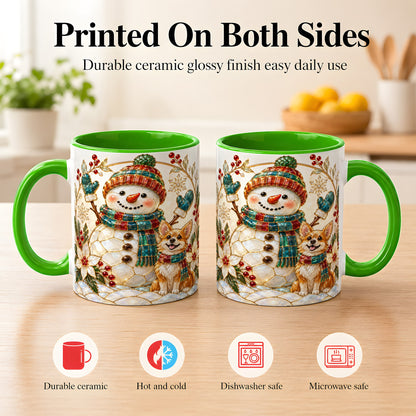 #pl[11oz|Green] Snowman and Corgi Coffee Mug, Christmas Snowman Mug, Ceramic Cup
