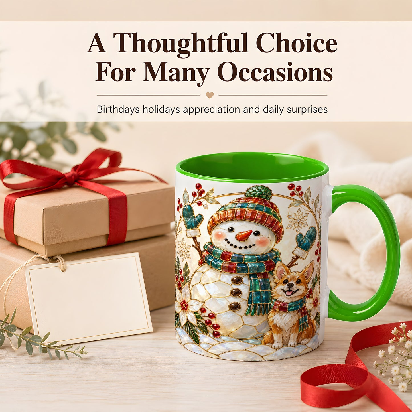 #pl[11oz|Green] Snowman and Corgi Coffee Mug, Christmas Snowman Mug, Ceramic Cup