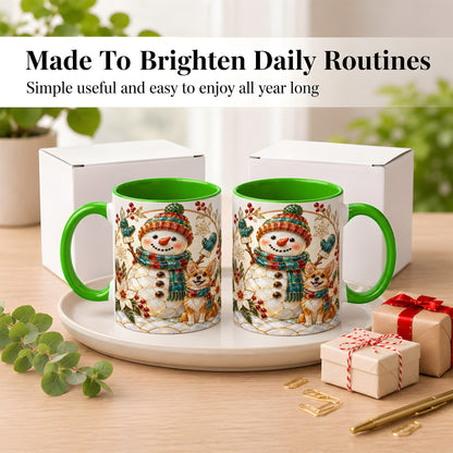 #pl[11oz|Green] Snowman and Corgi Coffee Mug, Christmas Snowman Mug, Ceramic Cup