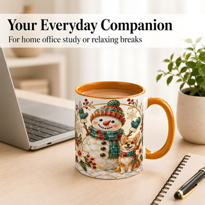 #pl[11oz|Orange] Snowman and Corgi Coffee Mug, Christmas Snowman Mug, Ceramic Cup