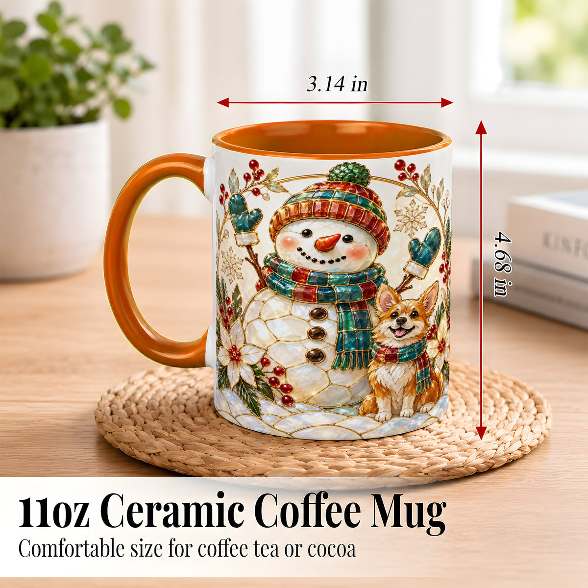 #pl[11oz|Orange] Snowman and Corgi Coffee Mug, Christmas Snowman Mug, Ceramic Cup