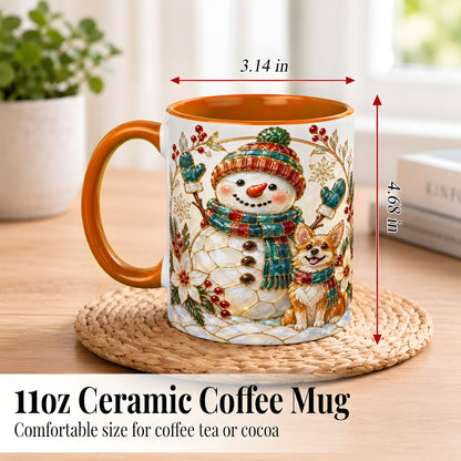 #pl[11oz|Orange] Snowman and Corgi Coffee Mug, Christmas Snowman Mug, Ceramic Cup